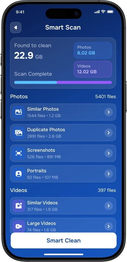 Smart Scan results grouped into photos and videos