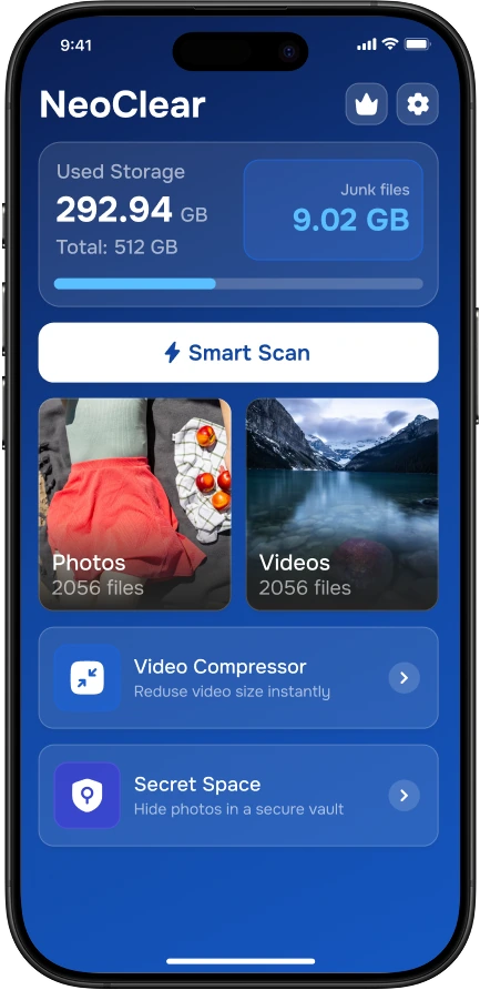 NeoClear home screen showing used storage and junk files found
