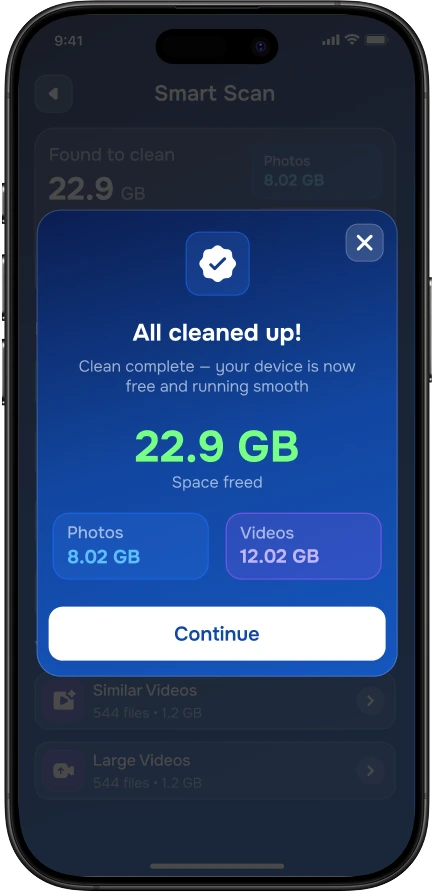 Clean complete confirmation showing 22.9GB freed